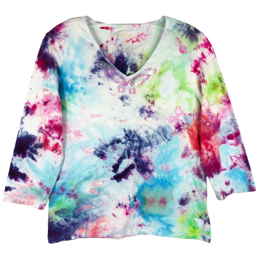 Krazy Kat Medium Top Handmade Tie Dye Butterfly Beauty Sequins Pink Blue 1291